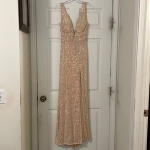 Sherri Hill Rose Gold Sequin Plunge Evening Gown